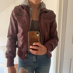 Faux Leather Hooded Maroon Jacket